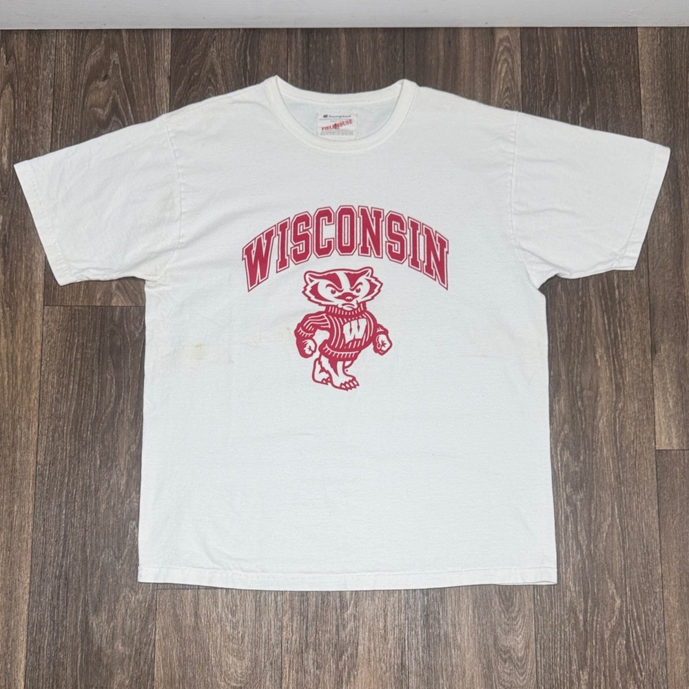 Champion White and Red Wisconsin Graphic Tee Size Large